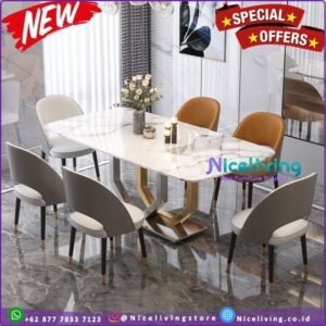 Meja makan mewah 6 kursi terbaru set meja makan marmer Putih Carara Furniture Jepara