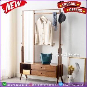 Rak gantungan baju dengan cermin rak penyimpanan kayu jati Furniture Jepara