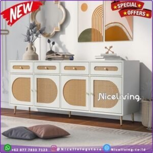 BUFFET RUANG TAMU  Plus MINIMALIS  LEMARI BUFFET RATTAN Indonesian Furniture - Putih Furniture Jepara - Gambar 2