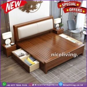Dipan laci kayu  Plus jati sandaran jok busa  tempat tidur minimalis Kayu - Ukuran 160x200 Furniture Jepara - Gambar 2