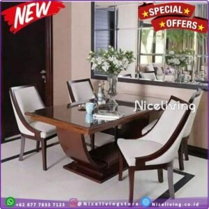 Set Dining table  Plus modern meja makan minimalis kayu jati Solid Jepara - 4 Kursi + Meja Furniture Jepara - Gambar 2