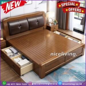 Tempat tidur minimalis  Plus sandaran jok busa  dipan laci kayu jati Dipan - Ukuran 160x200 Furniture Jepara - Gambar 2