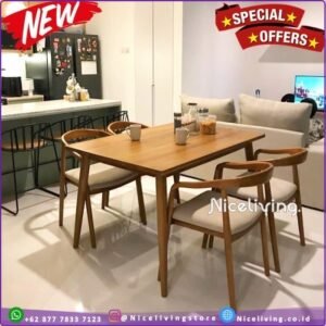 Satu Set Meja  Plus Makan Minimalis 4 Kursi Kayu Jati Solid - Tanpa Jok Busa Furniture Jepara - Gambar 2